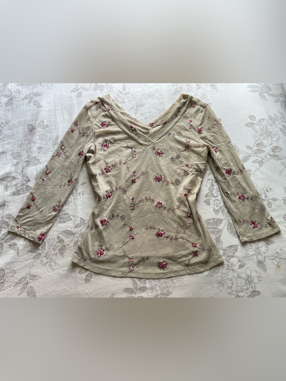 Vintage Cream Mesh Floral Embroidered Quarter‎ Sleeve Top Medium Coquette Ballet